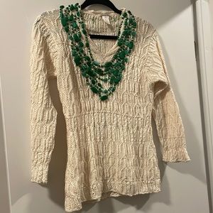 Unique rare cream sweater embellished with silk thread Kelly green beads